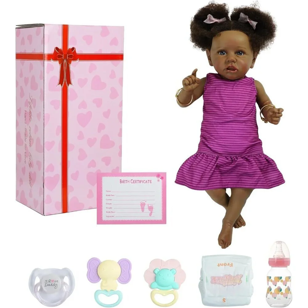 🆕22Inch African Americans Newborn Doll with Soft Cloth Body with Two Afro Puff